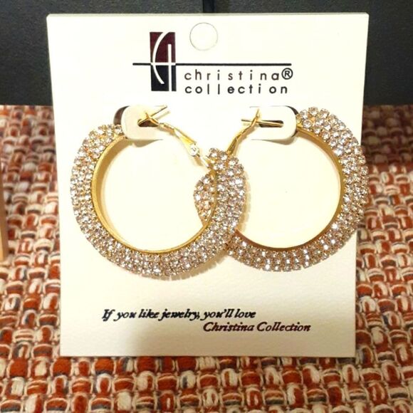 New Christina Collection Paved Rhinestone Hoop Earrings 1.75" New - Picture 1 of 2